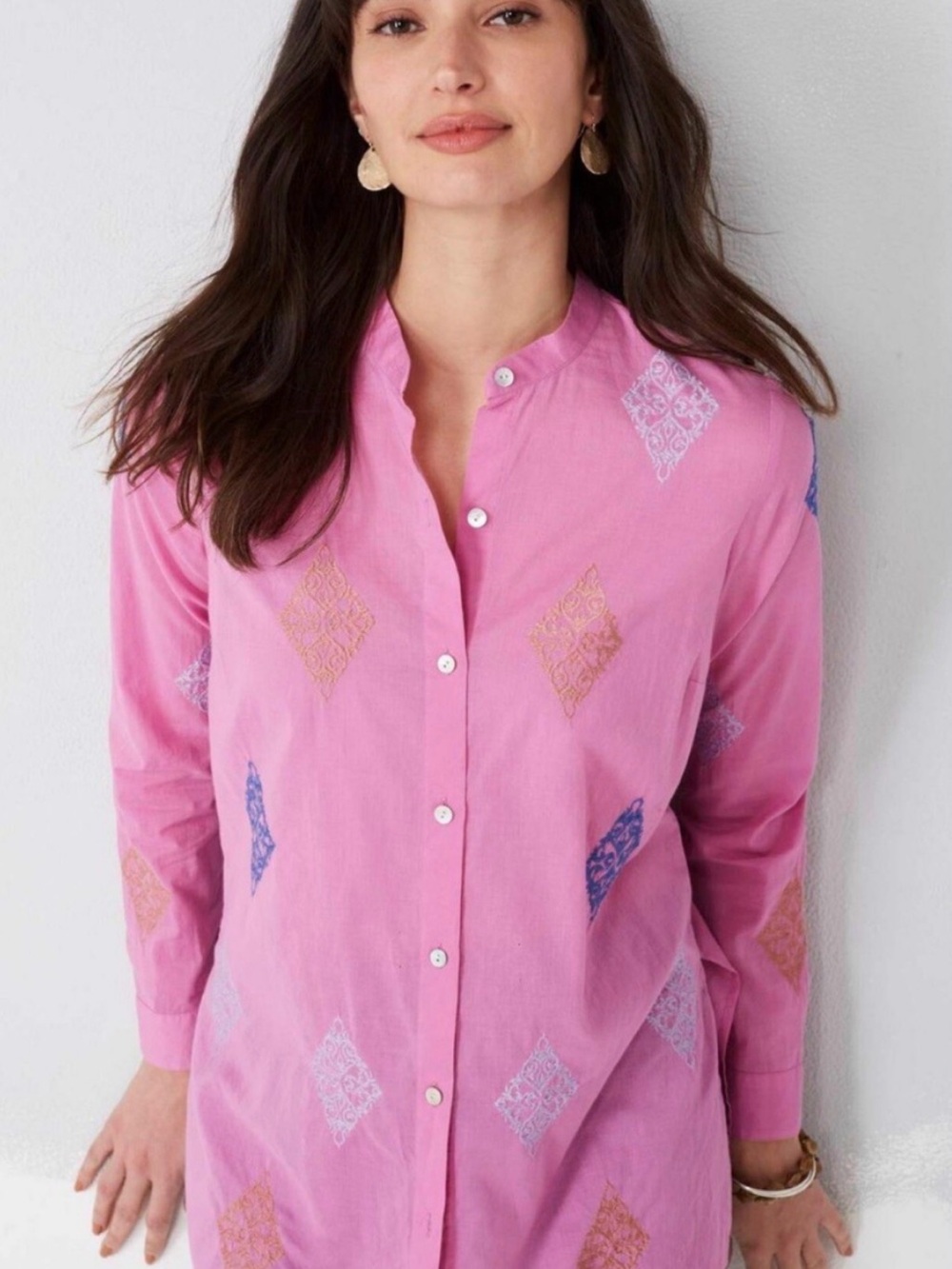 💠 J. Jill Women’s Camellia Pink Embroidered Tunic  - Size L - 100% Cotton